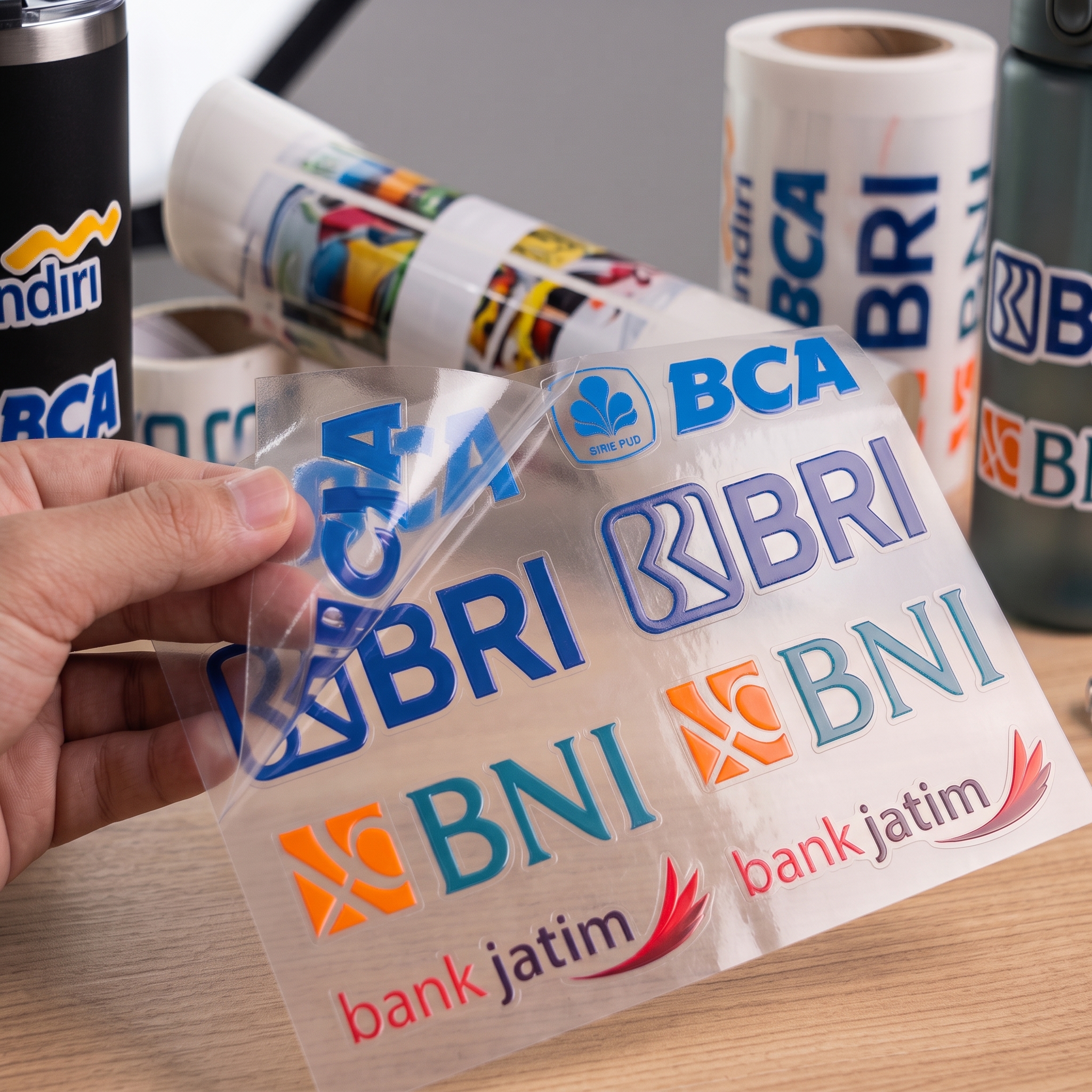 Lembar stiker UV DTF dan hasil aplikasi